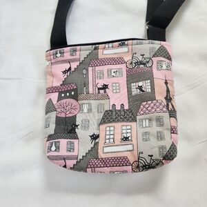 Cat Around Town Eiffel Tower Paris Crossbody Tote Zipper Travel Bag Purse Pink